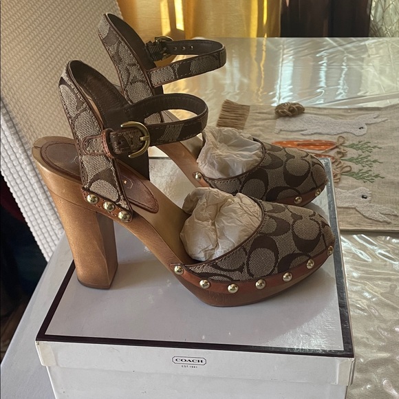 Coach Brown Signature Canvas Platform Clogs with Stud Trim - Picture 4 of 4